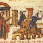 Costantino V imperatore bizantino fa distruggere le icone del monachesimo iconologico, 760 d.c. (miniatura da La Cronaca di Manasse)