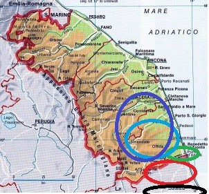 Individuazione dell’Ager Hadrianus (in nero), Ager Praetutianus (in rosso), Ager Liburnorum (in verde), Ager Palmensis (in azzurro, secondo le coordinate geografiche forniteci da Plinio, in blu in base ai ritrovamenti archeologici)