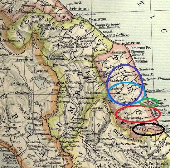 Individuazione, sulla mappa dell'Italia Augustea, dell’Ager Hadrianus (in nero), Ager Praetutianus (in rosso), Ager Liburnorum (in verde), Ager Palmensis (in azzurro, secondo le coordinate geografiche forniteci da Plinio, in blu in base ai ritrovamenti archeologici)