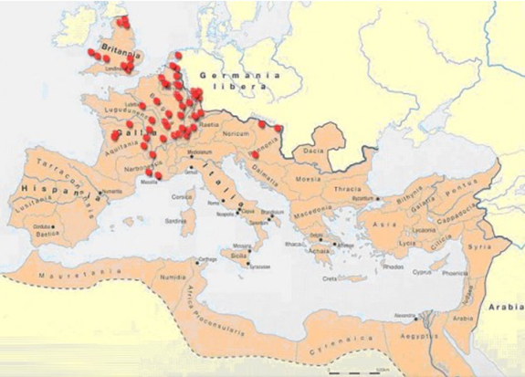 Distribuzione dei rinvenimenti del dodecaedro nell'impero romano