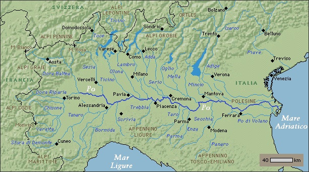 Mappa del corso del Po, via d’espansione della Cultura di Polada dell’ethnos ligure