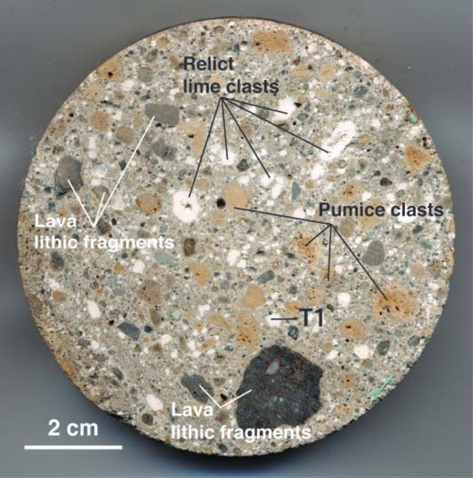 Malta di calce idrata e cenere vulcanica della carota in calcestruzzo. La pozzolana di cenere vulcanica (pulvis) è composta da clasti di pomice grigio giallastro (5Y/2), frammenti litici di lava grigio scuro (N2) e cristalli di sanidino e clinopirosseno. Le analisi STXM e NMR hanno utilizzato il campione di Altobermorite T1.