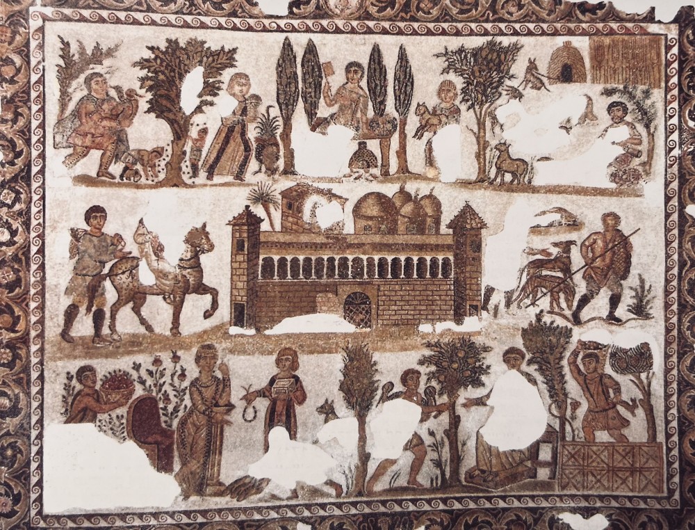 Il mosaico del Bardo a Tunisi che mostra la facciata della villa tardoantica di Caius Julius, simile a quella della Villa di Palazzi